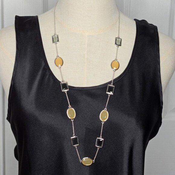 Kate Spade Long Station Resin Stones Yellow Gray Silver-Tone Chain Necklace - Picture 2 of 5